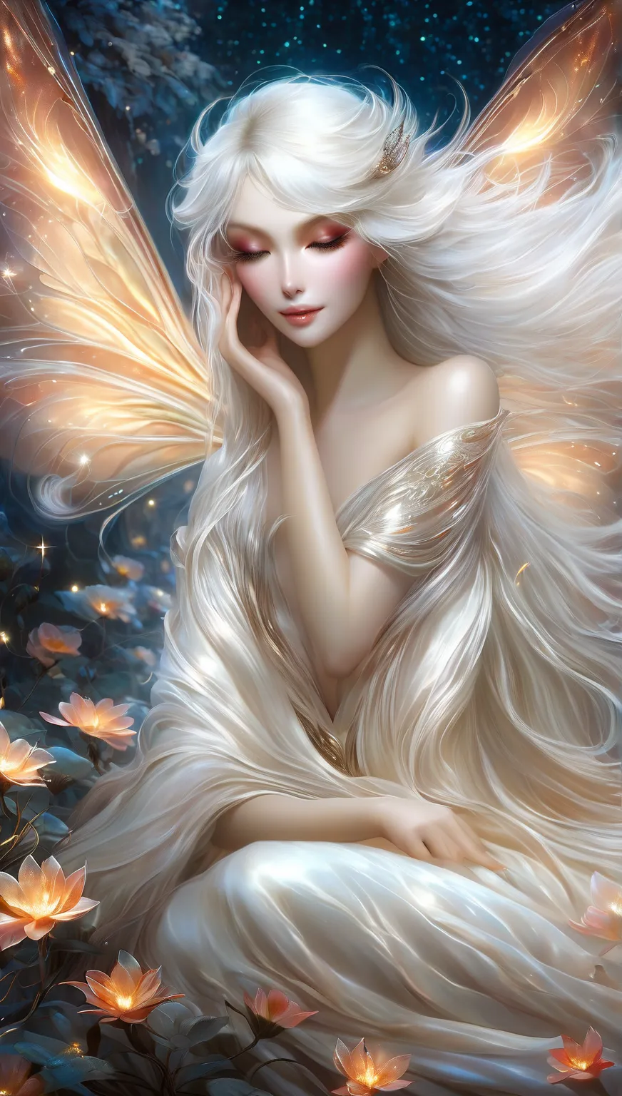 A mesmerizing fantasy scene of an ethereal, otherworldly woman with delicate butterfly wings, radiant pale skin, and flowing white hair. She sits gracefully on the ground, clad in a shimmering scarlet gown that sparkles like stardust. Her gentle hand cares...