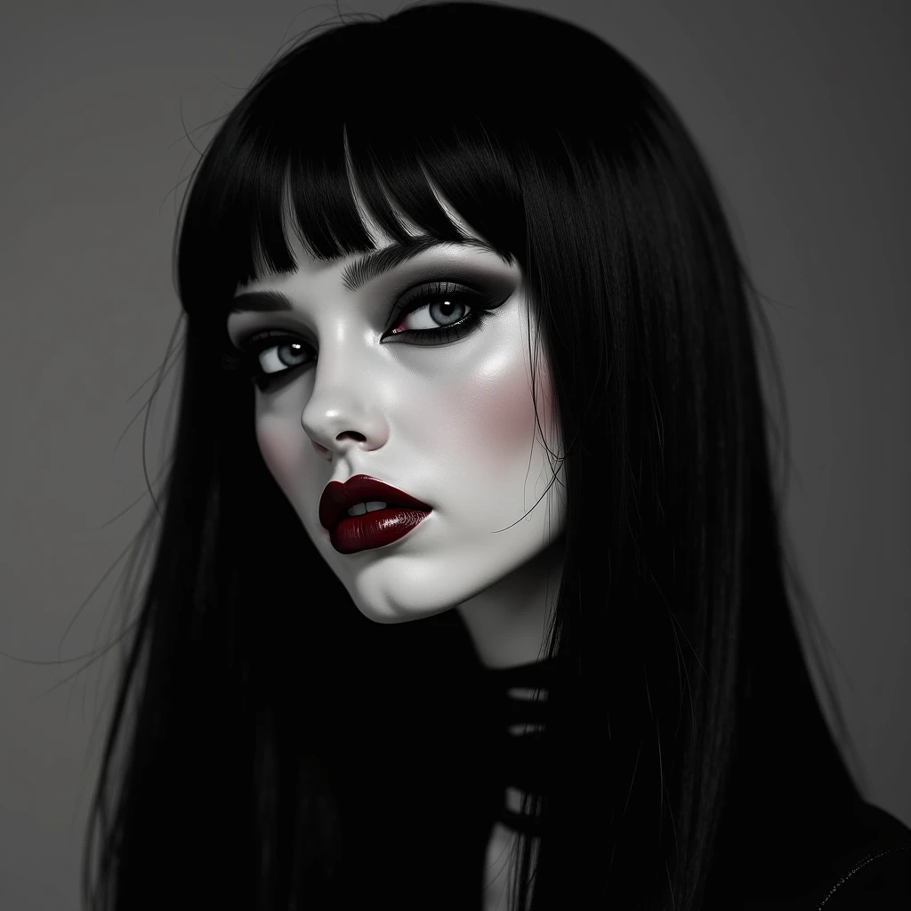 A black haired, white woman with a slightly gothic make up. Her hair is straight and long. Make the image black and white with an elegant side profile of her face.

High Resolution, Accurate, Masterpiece, Anatomically Correct, Best Quality, Award Winning, ...