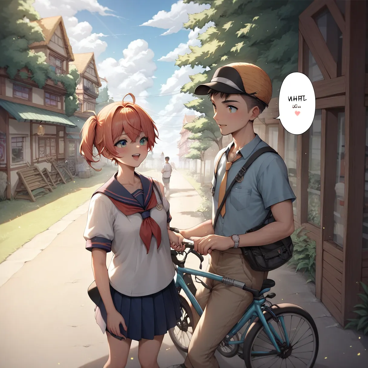 High writing precision, no crushed frames, high precision in the finish of each and every frame, Makoto Shinkai art style, a high school girl in a sailor uniform riding a bicycle up a hill, a summer afternoon, a slope in a port town, the sea is visible, sm...