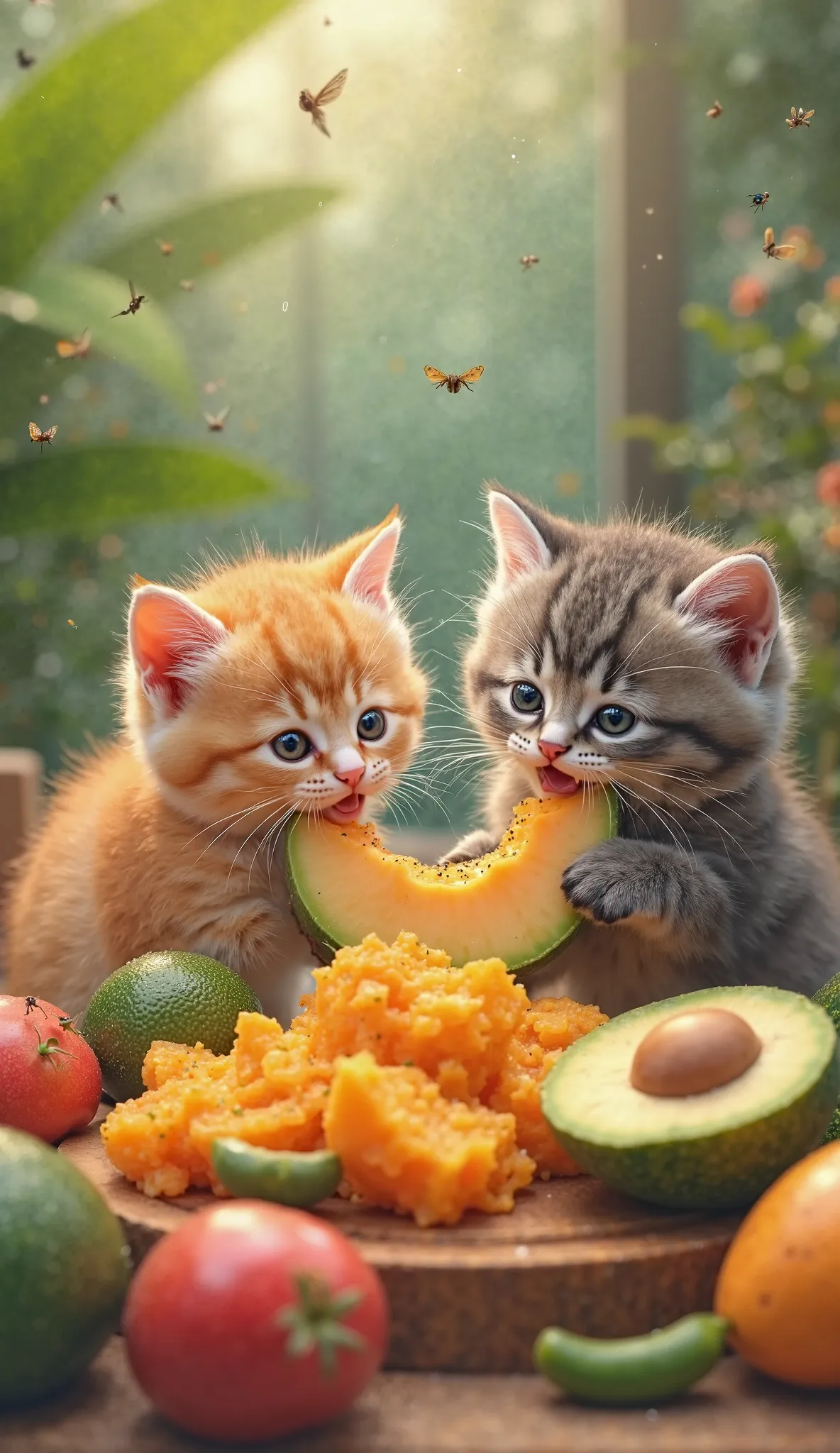 Orange kittens are eating 🥑🍈🥭🍠and gray kittens are eatingHappy