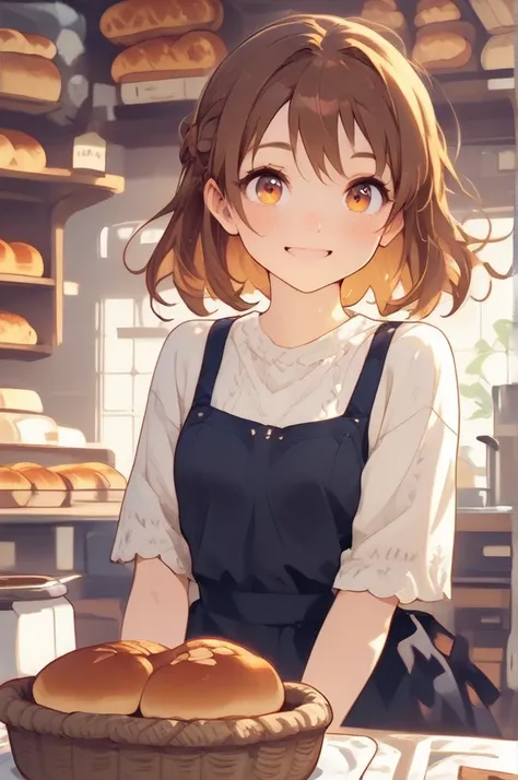 Masterpiece, best quality, UHD, happy smile, 1girl, Alone, brown hair, wavy hair, hazel eyes, anime style, Victoria Justice, making a loaf of bread in a traditional oven in an old bakery