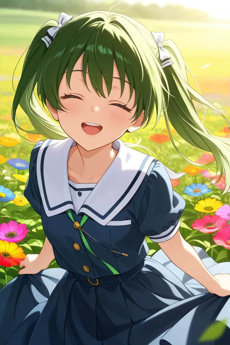 Girl laughing in a field of flowers。The hair is green close to blue and has twin tails。The skirt is dancing in the wind