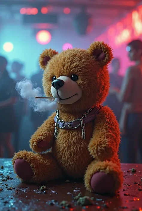 Teddy bear smoking marijuana in a club 