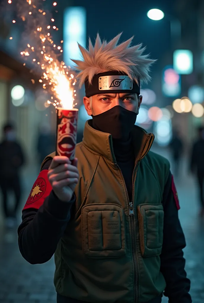  "A mysterious Kakashi Hatake stands in a dimly lit urban street at night, wearing his iconic Jonin uniform with a forehead protector covering one eye. He has a calm yet intense expression as he holds up a large firecracker with his own face printed on it....