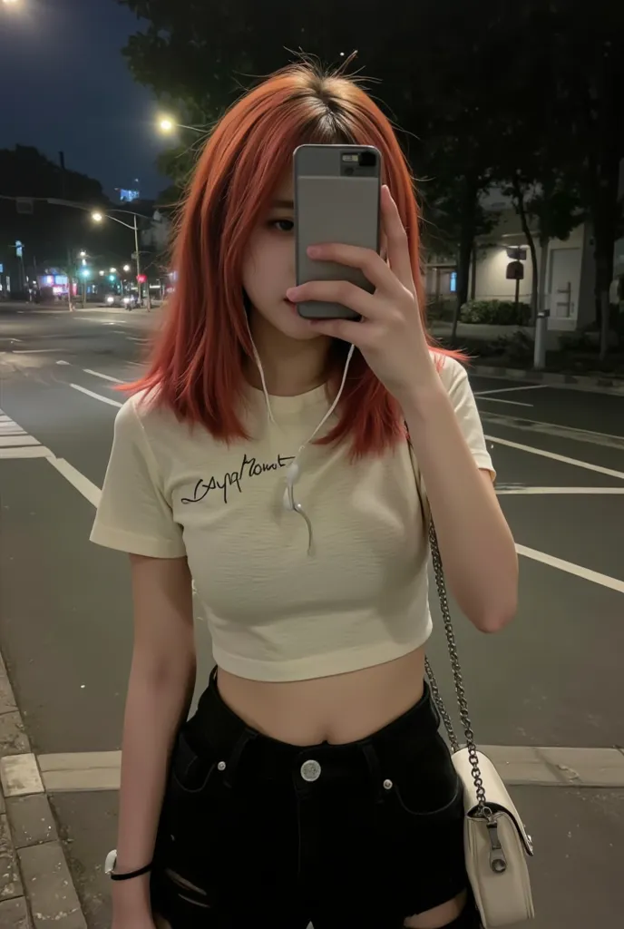 “A young woman with vibrant reddish-orange hair takes a casual high-angle selfie on a quiet night in a Japanese city, using her iPhone. The camera angle is from above her head, ensuring that her face is not visible, focusing on her hair and outfit. She wea...