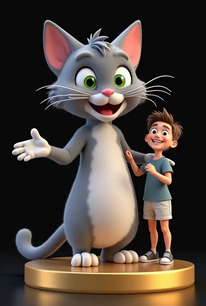 "A 3D-rendered image of a cheerful, cartoon-style grey cat with white fur on its belly and paws, standing on a golden pedestal. The cat has large green eyes, a wide smile, and an expressive, friendly pose with one arm extended as if introducing someone. Be...