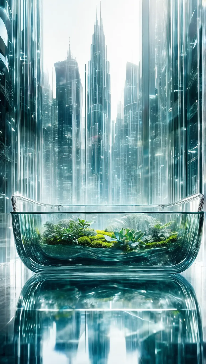 the large bathtub, transparent as glass, is made in the form of a mock-up of the future metropolis, double exposure, macro photography, and detail
