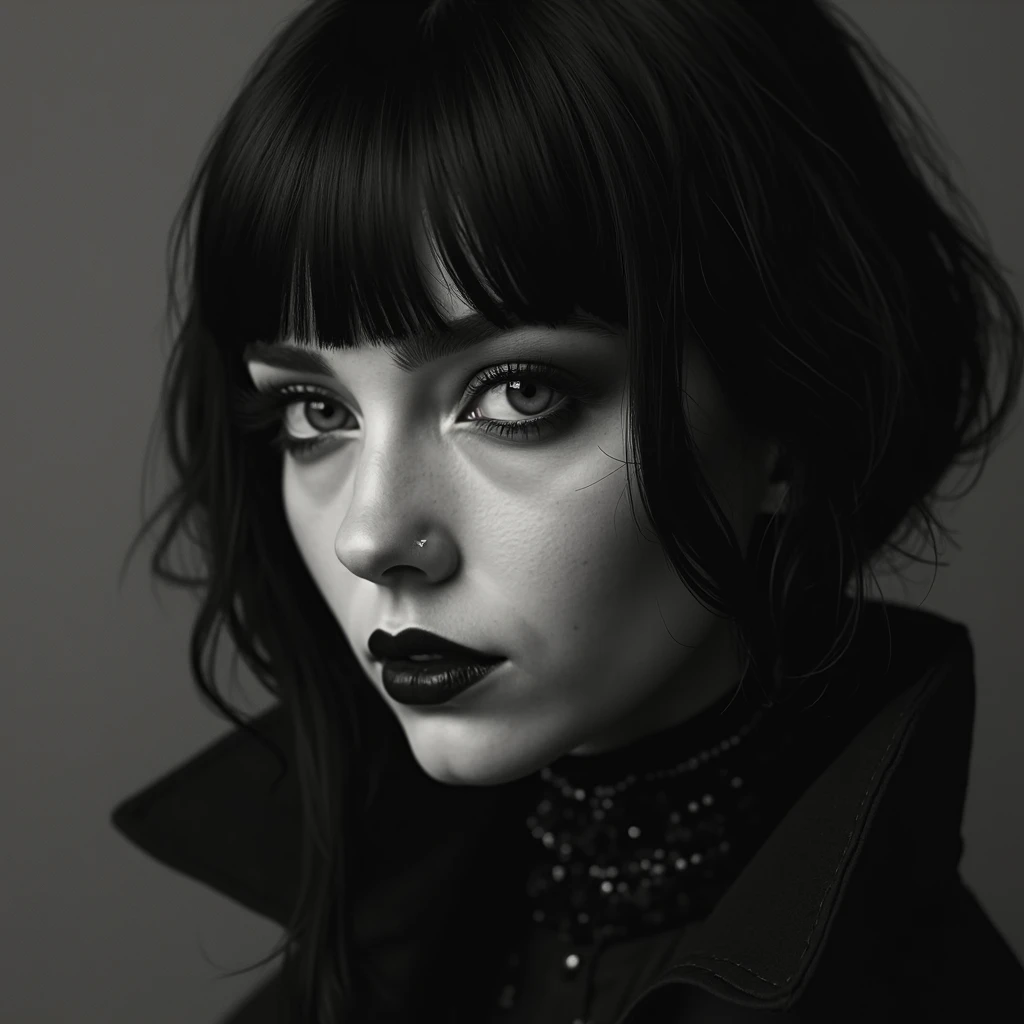 A black haired, white woman with a slightly gothic make up. Her hair is straight and long. Make the image black and white with an elegant side profile of her face.

High Resolution, Accurate, Masterpiece, Anatomically Correct, Best Quality, Award Winning, ...