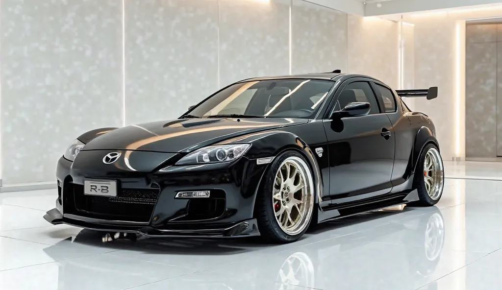 back center) view of painted (Gleamy creamy (black   ) shiny  (black) clour  New (  Mazda RX-8 )in large shape sedan in large size with  ( Mazda RX-8  large detailed grille in shiny white clour with angular sporty design captured from close full (back  cen...