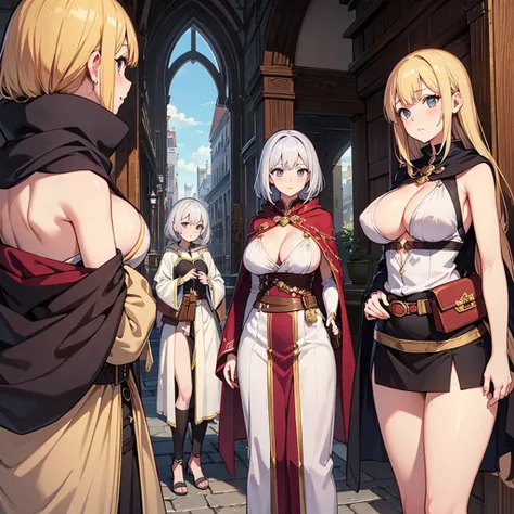 High quality, super detailed, best quality, highly detailed, beautiful, masterpiece, group of girls, harem, cleavage, outfit with slits, adventurer, fantasy, perfect anatomy, detailed outfit, detailed decoration, pouch, robe, cloak, belt, big boobs, side b...