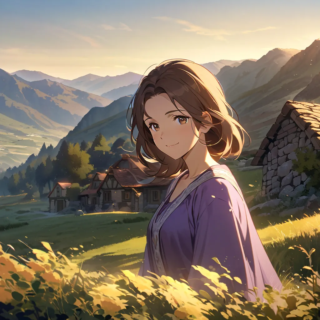 Elderly woman, adult, skinny,   long hair , brown hair, brown eyes, smile, Roman clothing, purple tunic,solo,, no bangs ,in the mountains,Greek house,Long hair down , Stone House