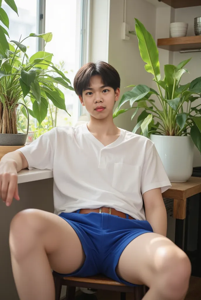 (photorealism:1.2), Full body a korean man that looks like BTS jungkook, sitting on room, white shirt short sleeve ,royal blue short pants, belt brown , short dark hair, indoors, soft lighting, plants in background, window with sunlight, kitchen room, rela...