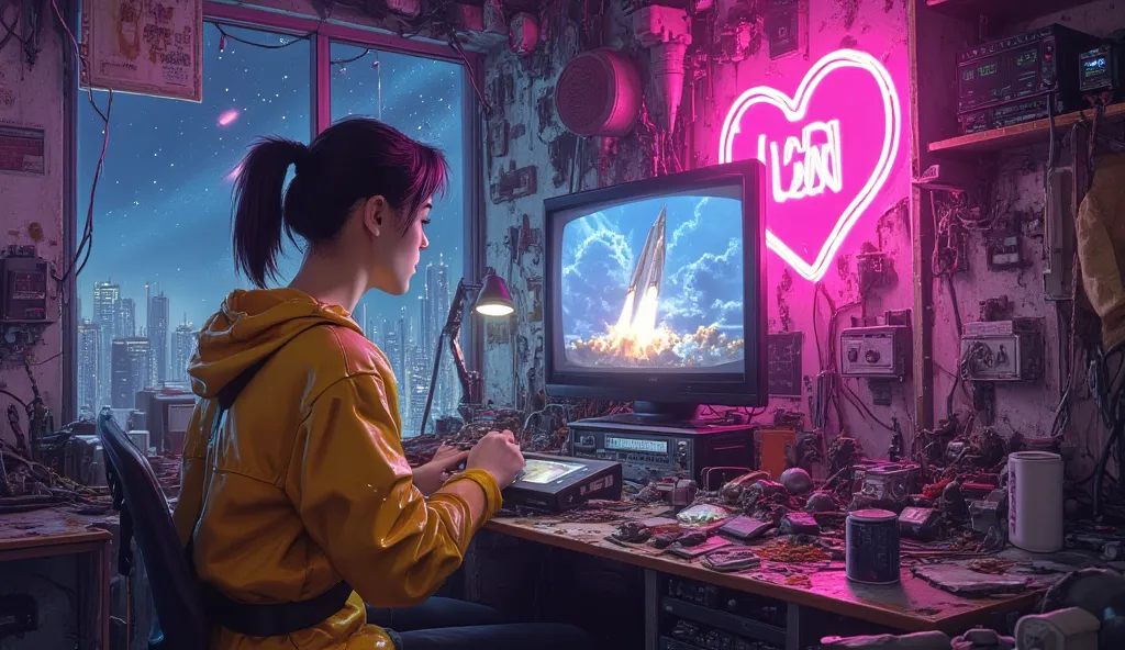 A cyberpunk world in 2300 AD.
A room in an old apartment.
There is a repaired CRT TV.
Various analog electrical work tools.
The room is cluttered with electrical appliances and machine parts on the walls and floor, like a junk shop.
A heart-shaped neon lig...