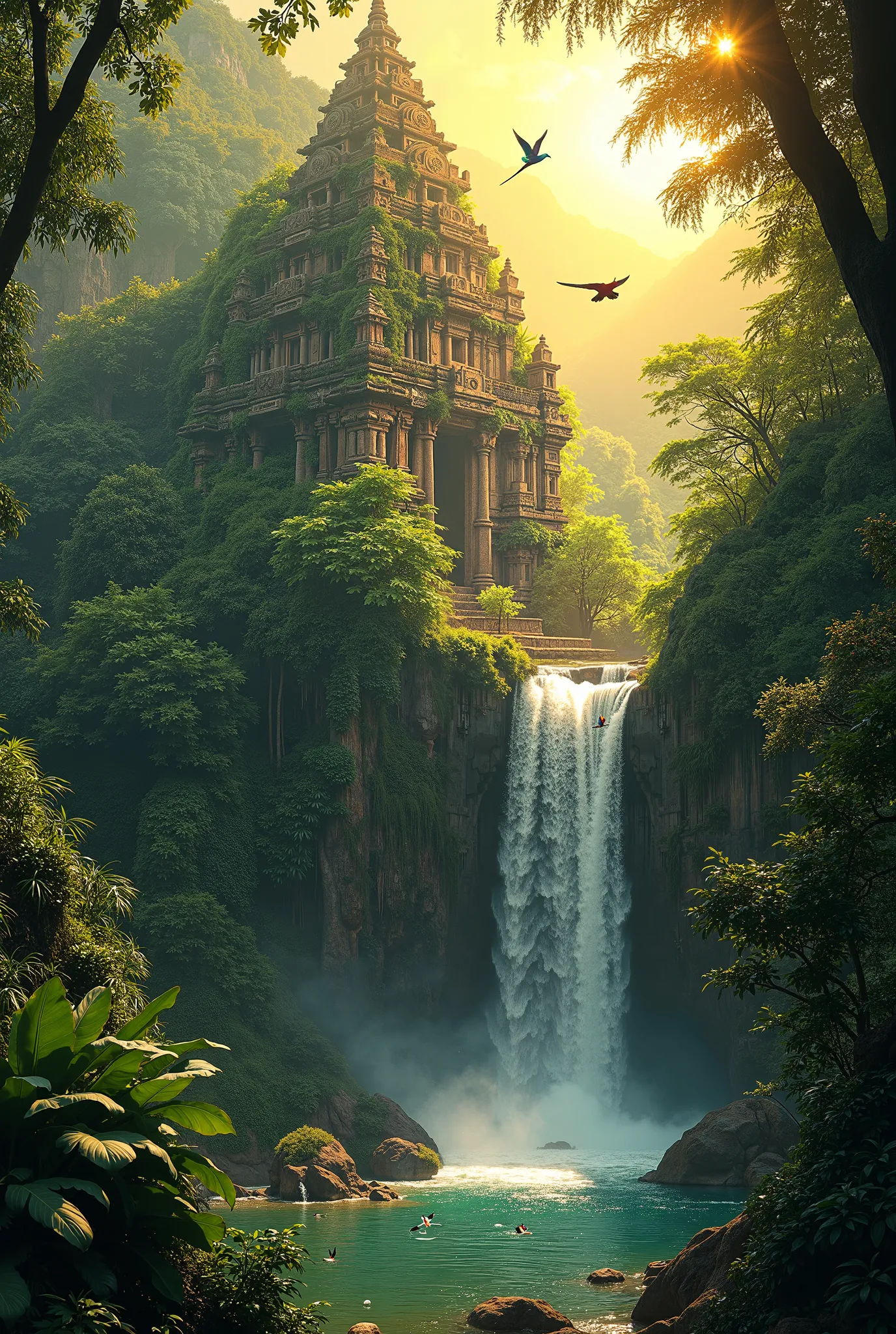 "A breathtaking ancient temple hidden deep within a lush jungle, covered in vibrant green vines and illuminated by golden rays of sunlight breaking through the dense canopy. A crystal-clear waterfall cascades beside the temple, reflecting the colors of the...