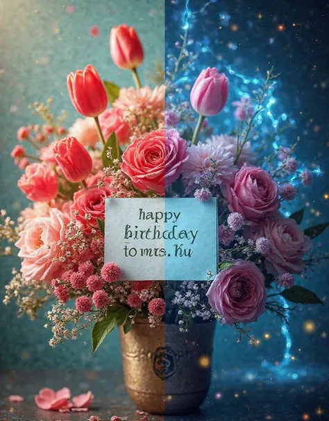 The image presents a captivating dichotomy between day and night. In the photo,there is an exquisite bouquet of flowers for a birthday blessing. At the center of the bouquet is a white card. On it,the light-green colour floral-style fonts words are "Happy ...