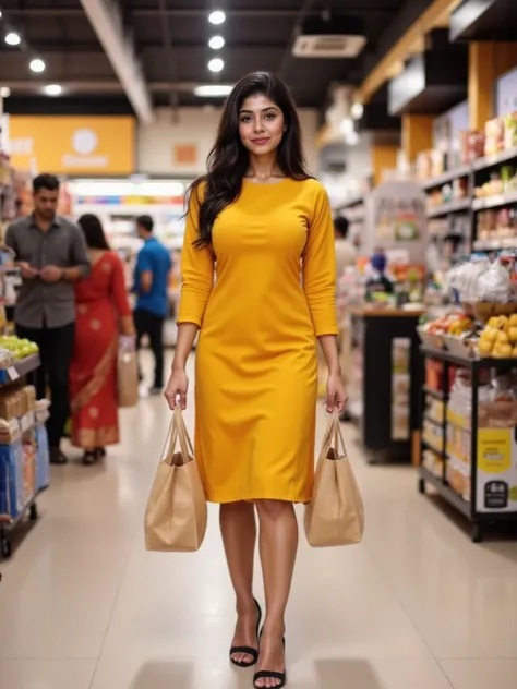 ((SFW)) Wearing indian ethnic yellow short kurta ((black high heels)), (full body portrait), standing in groceries shop and ((holding groceries bags)), detailed indian people in background, UHD, masterpiece, accurate, anatomically correct, high details, aw...