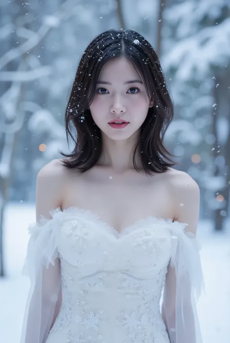 Create an enchanting scene featuring a beautiful Japanese idol girl with fair skin, standing gracefully. She has medium-length straight hair and is wearing a stunning dress adorned with snowflakes. The background is a magical snowy landscape, filled with g...