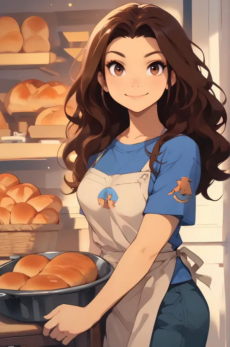 Masterpiece, best quality, UHD, happy smile, 1girl, Alone, brown hair, wavy hair, hazel eyes, anime style, Victoria Justice, making a loaf of bread in a traditional oven in an old bakery, Social realism, instagram pose,
