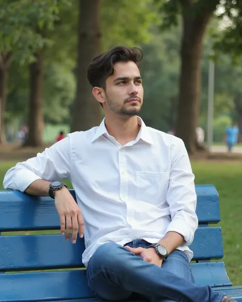 Young man sitting on a blue bench in a park. he is wearing a white button-down shirt and blue jeans. he has a watch on his left wrist and is looking off to the side with a serious expression on his face. the background is filled with trees and greenery, su...