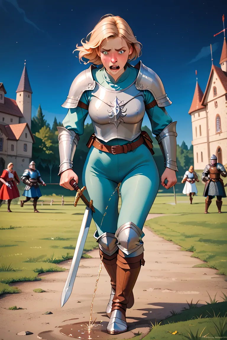 8k high resolution, best quality, 20 years old, dutch girl, blonde hair, medieval times, female mercenary, wearing a simple gambeson and rusty chestplate, battle in backround, very nervous, peeing herself, peeing her armor, pee running down her legs, wetti...