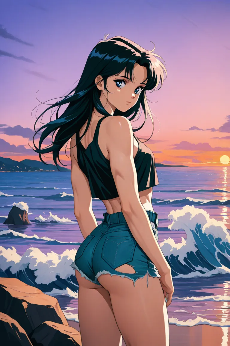 masterpiece,best quality, retro artstyle, 2000s \(style\), pastel colors,
1girl, toned physique, slim, curvy, black hair, parted bangs, long hair, marine blue eyes, black tank top, cropped tank top, bare midriff, denim shorts, torn shorts, ripped shorts, b...