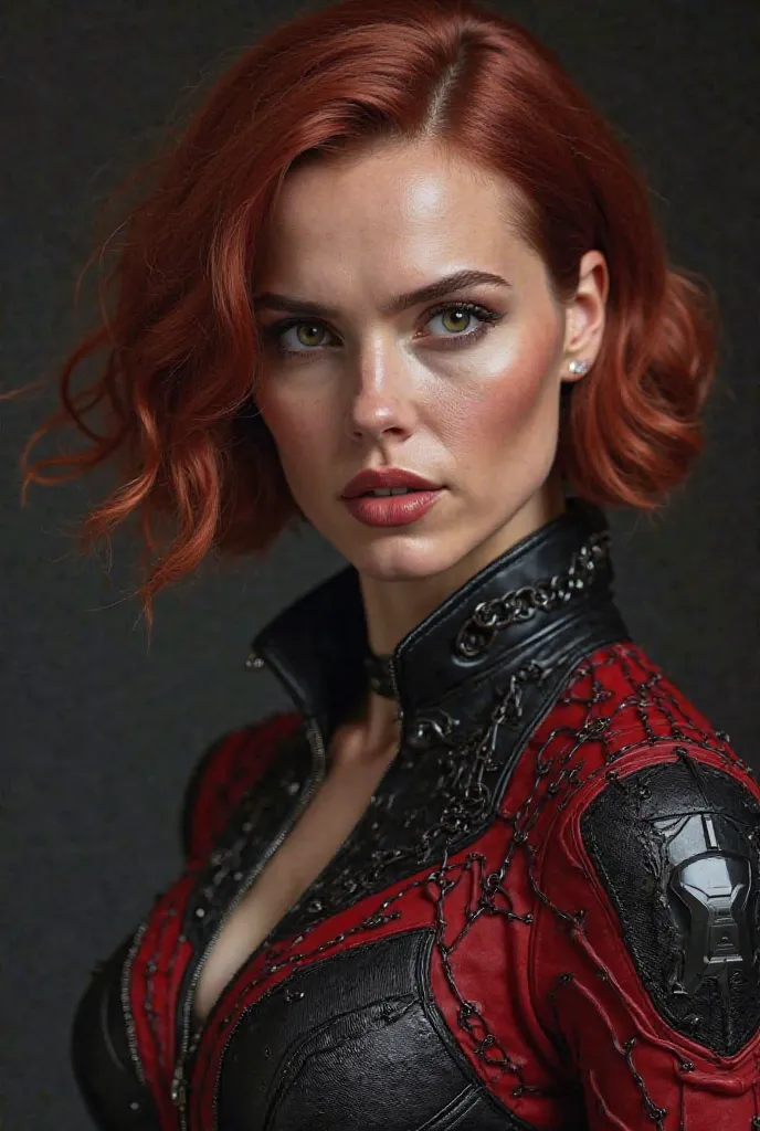 Scarlett Johansson as black widow wearing a red black widow suit, choker, with black chains engraved into the suit