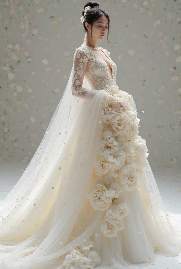 arafed woman in a white dress with large flowers on her dress, inspired by Liu Haisu, made of silk paper, robe. extremely high details, floral couture, inspired by Ruan Jia, flowing gown, dressed beautiful gown, intricate gown, sha xi, inspired by Huang Ji...