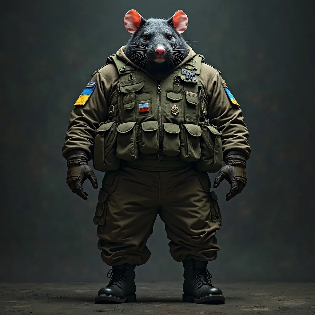 A fat humanoid soldier with the head of an angry black rat, wearing an authentic Ukrainian military uniform with pixel camouflage pattern, tactical vest, modern combat boots, gloves, and a military jacket. The uniform has Ukrainian flag patches and insigni...