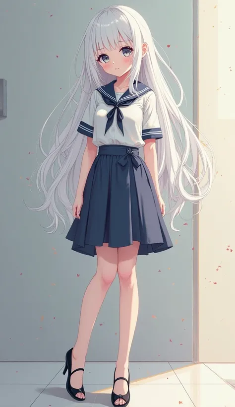 White-haired anime girl dressed as a high school schoolgirl with open heels and looking from head to toe 