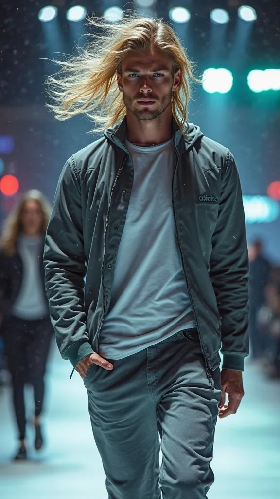 A man with flowing blond hair, moving gracefully in the flavor of the strong wind.  His body is muscular, and exudes an intensely sensual beauty, with a perfected and masculine face. . He has penetrating blue eyes that radiate confidence and charm. He is w...