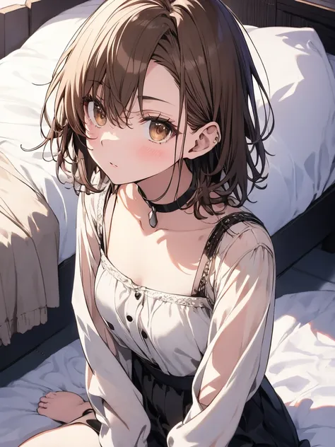 ４ｋ   quality, 最高   quality, Misaka_Mikoto,       Brown Eyes on the Frame,      short_hair,          small_   chest,）        on the bed　        very fine and beautiful 　１６age　      Sexy pose with a stiff expression 　 Enchantment