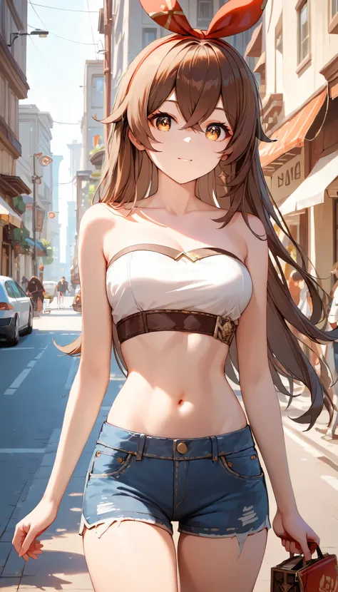 score_9, score_8_up, score_7_up,source_anime, high res image,masterpiece,best quality,girl,cute face,clear skin,amber_genshin, city street, cowboy shot, strapless sleeveless top, midriff, denim short shorts