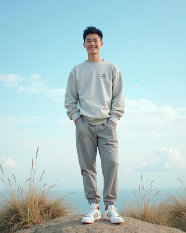  A handsome 25-year-old Korean youth with andercut hair wearing muslim clothes ash ash grey material pants wearing white Adidas leather sandals Smiling   .stand , Smiling on the Hill  . Blue cloud background.... realistic HDR  