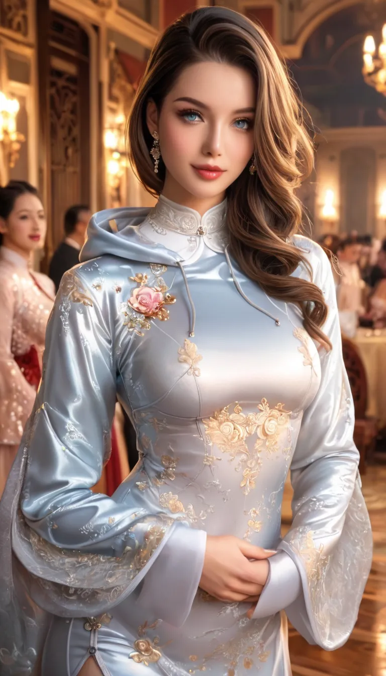 Highest quality, Incredibly ridiculous, very detailed, 2.5D, delicate and dynamic, beautiful woman under hoodie, Intelligent and cool beauty,  The enchanting look of , Tighten your hair, I'm wearing a Chinese dress with iridescent gradient sleeves、It has d...