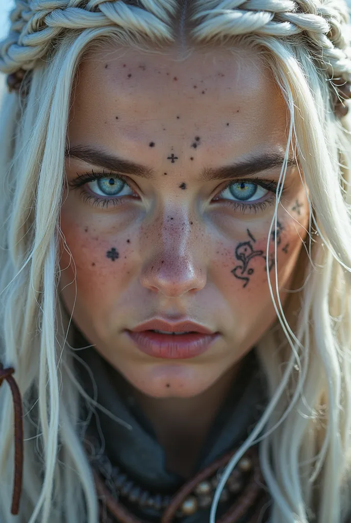 An intense close-up of a stunning Viking woman with long, snow-white hair, styled in intricate braids adorned with small beads and leather cords. Her face is framed by loose strands of hair, softly catching the light, and her weathered skin bears the faint...