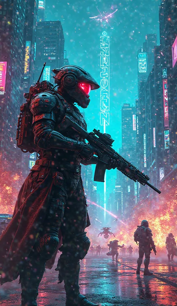 A high-intensity cyberpunk-style poster for 'Neon Warzone'. The scene showcases a futuristic battlefield within a neon-lit megacity, with towering skyscrapers covered in holographic billboards and digital advertisements. Explosions and gunfire illuminate t...