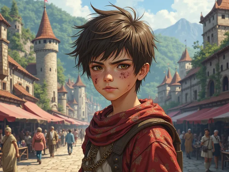 Wounded face brown-haired boy in a realistic medieval anime style kingdom 