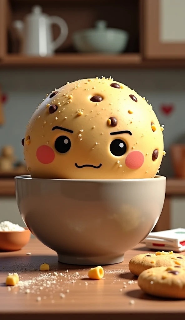 A cookie dough ball thinks it's perfect in its raw form and refuses to go into the oven. It hides behind the mixing bowl, protesting, "Why ruin a good thing? People love me just like this!"
