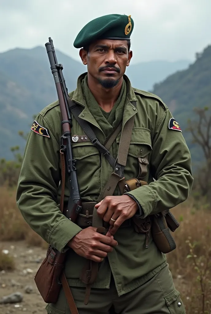 "A brave Gurkha soldier in a traditional military uniform, wearing a green camouflage outfit with a beret, holding a khukuri in one hand and a rifle in the other. He has a determined and fearless expression, standing in a battlefield with mountains in the ...