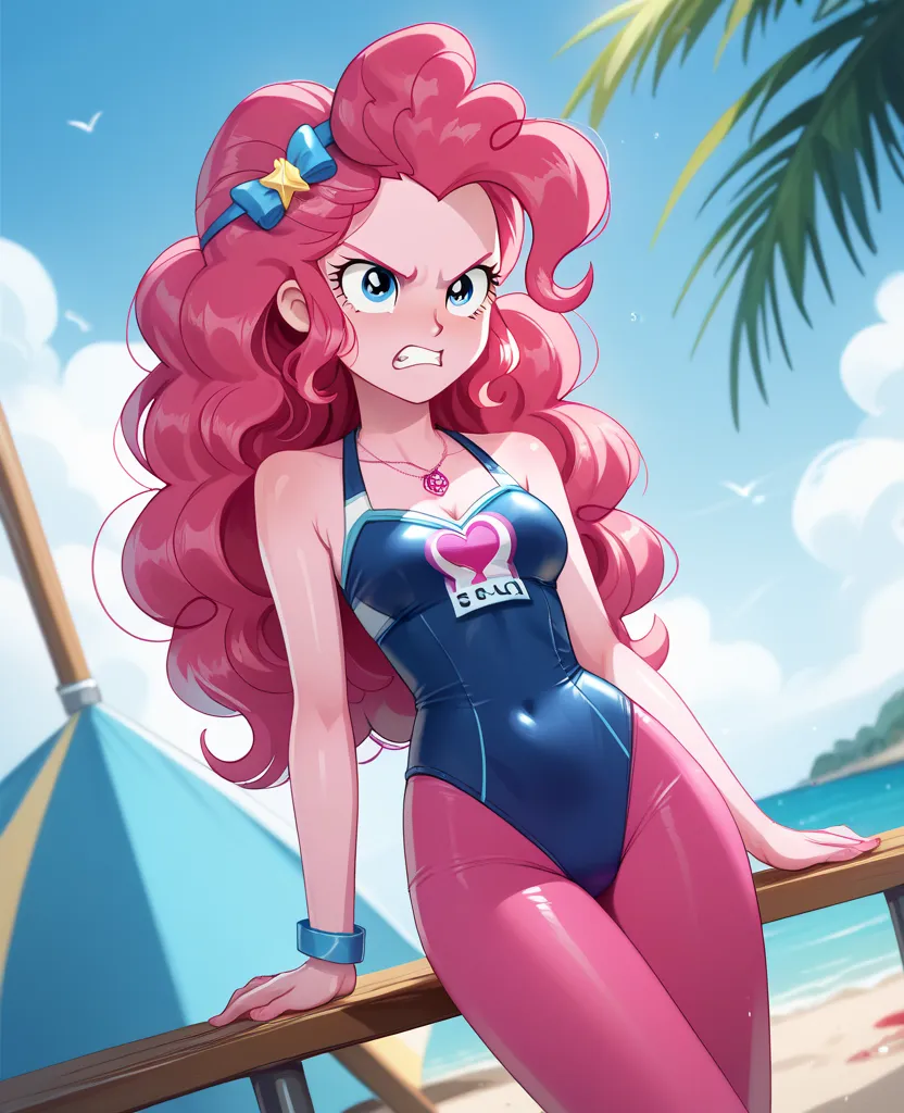 Eqg in pinkie pie  in a swimsuit and tights angry 