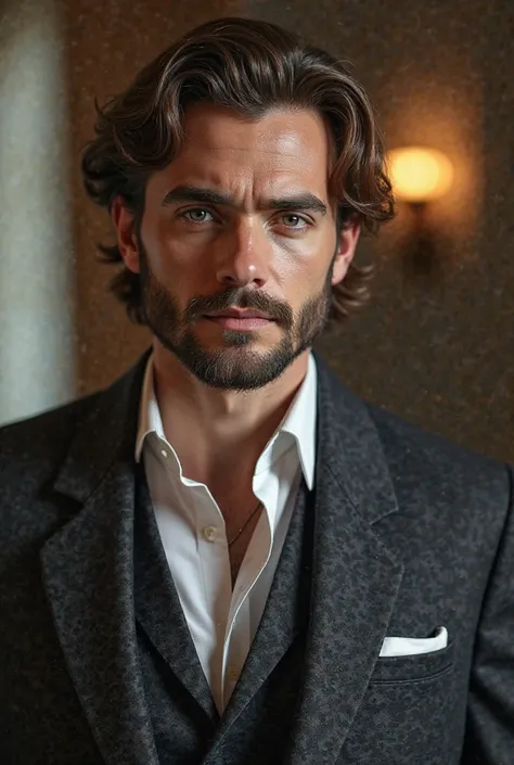 Italian male with hazelnut hair, wavy, tez blanca, Chivalrous, gray eyes, not so abundant beard and marked. What size is 1 ,93cm. 26 years old, Today's , with vintage-style and elegant clothes