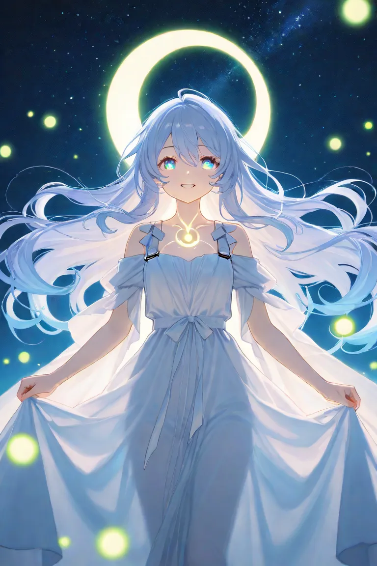 Girl with Long hair, smiling. Surrounded by fireflies with starry moon background super detail, high quality