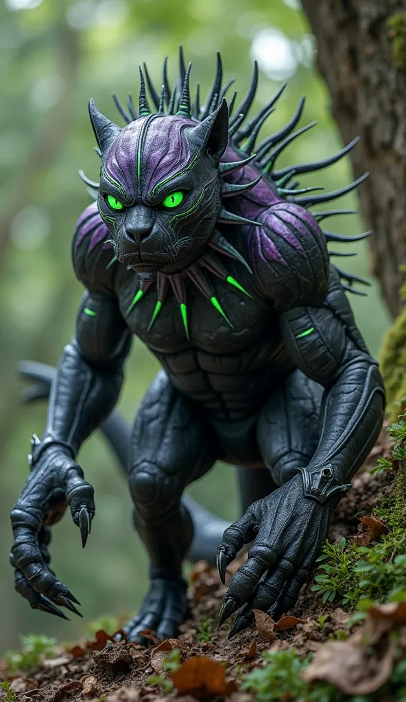 A terrifying fusion of the Black Panther (T’Challa) and the Blightspine Scorpion, this hybrid is the embodiment of lethal precision and armored destruction. Its sleek, obsidian-black fur is reinforced with chitinous plating, glistening with a toxic sheen t...