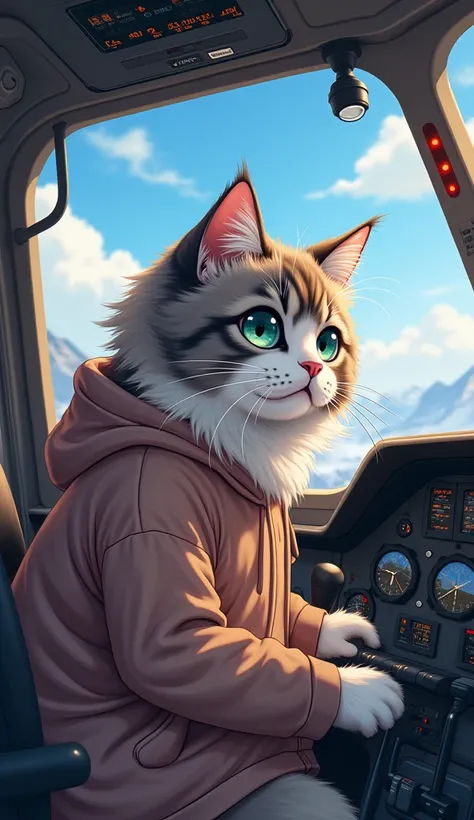 the 2d persian himalayan cat wearing a Hoodie driving a plane inside a cockpit pilot, anime art style