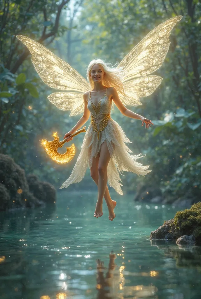 glowing, kind-looking fairy with shimmering wings, floating above the water, holding a golden axe in her hands.