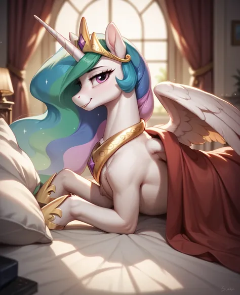 Princess Celestia from MLP , pony, furry ,   wings on the back , , with a blanket , invites spectator, in a bedroom at night. sideways, from side, POV Bed invitation bed