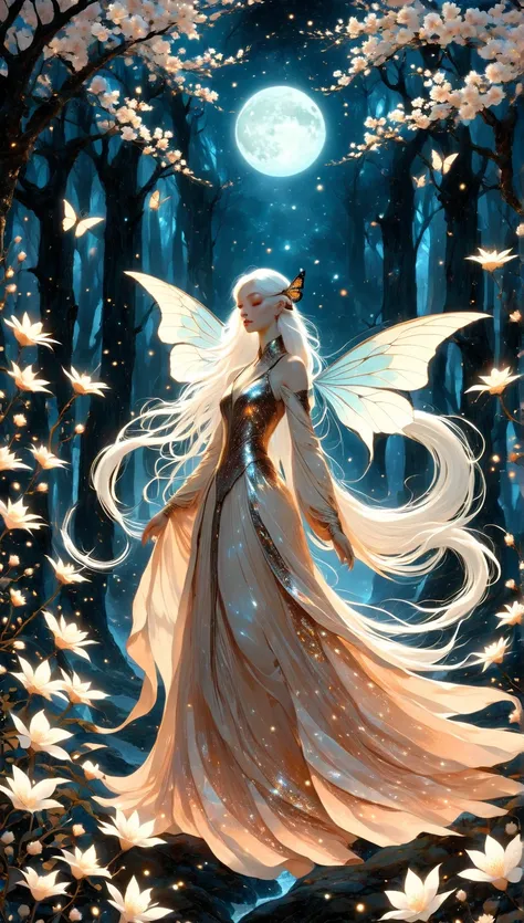 A mesmerizing fantasy scene of an ethereal, otherworldly woman with delicate butterfly wings, radiant pale skin, and flowing white hair. She sits gracefully on the ground, clad in a shimmering scarlet gown that sparkles like stardust. Her gentle hand cares...