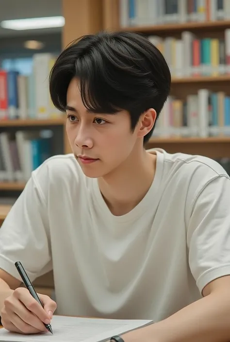 A man sits in the classroom , [handsome guy, male student , in the classroom on campus , this male student is wearing a white T-shirt, short black hair, Holding a pen in his hand, has an essay , There are books, The lens is mainly focused on the upper half...