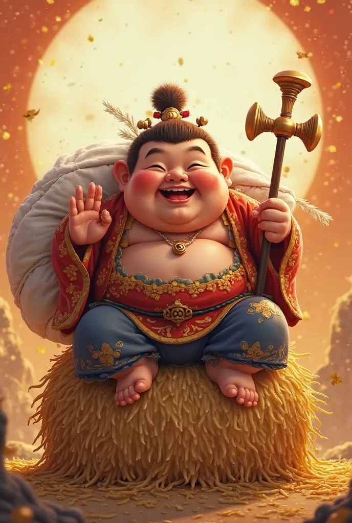 Create an image of Daikokuten, a deity from Japanese folklore, depicted with a plump, cheerful smile. He is sitting on a large rice bale, symbolizing prosperity. In his right hand, he holds an uchide no kozuchi (magic mallet), and over his left shoulder, h...