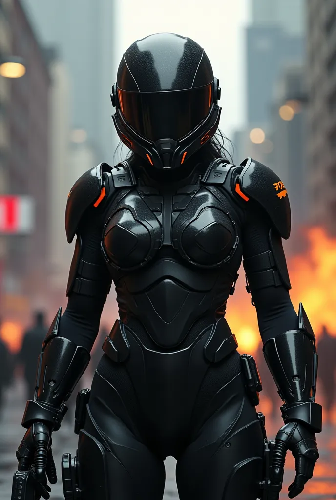 Sexy female police officer in riot gear, wearing a leotard and helmet with mask, all black armor and orange uniform, facing away